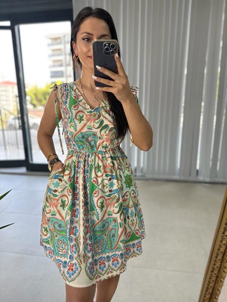 Yeşil Geçişli Poplin Elbise