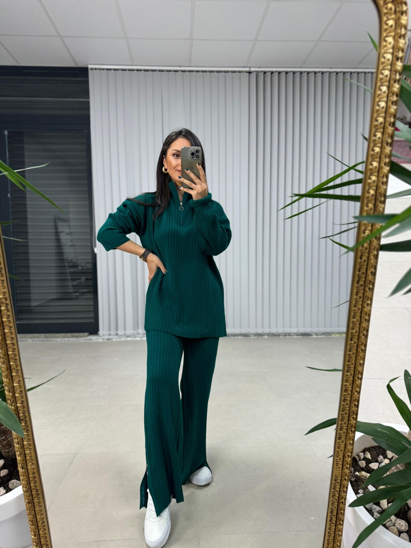 Zipper Detailed Green Knitwear Set