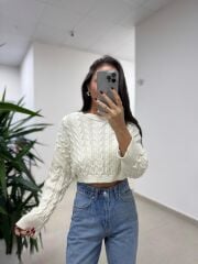Orj. Marka Saç Örgü Detaylı Triko Crop Kazak