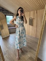 Turkuaz palmiyeli keten elbise