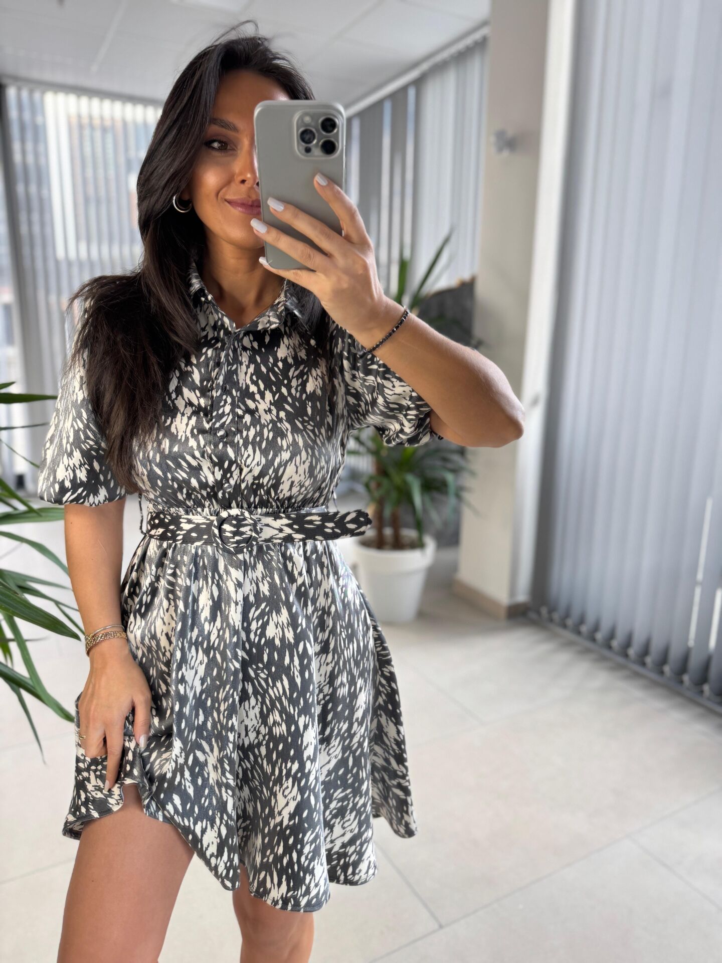 My 3393 Antrasit Benekli Kemerli Elbise