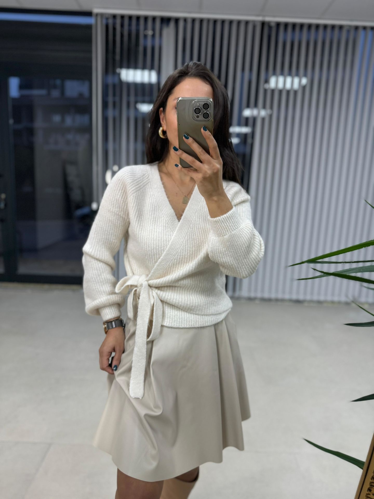 Double Breasted Tie Cream Sweater