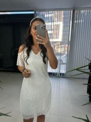 Mc 5885 V Yaka Kol Detaylı Beyaz Elbise