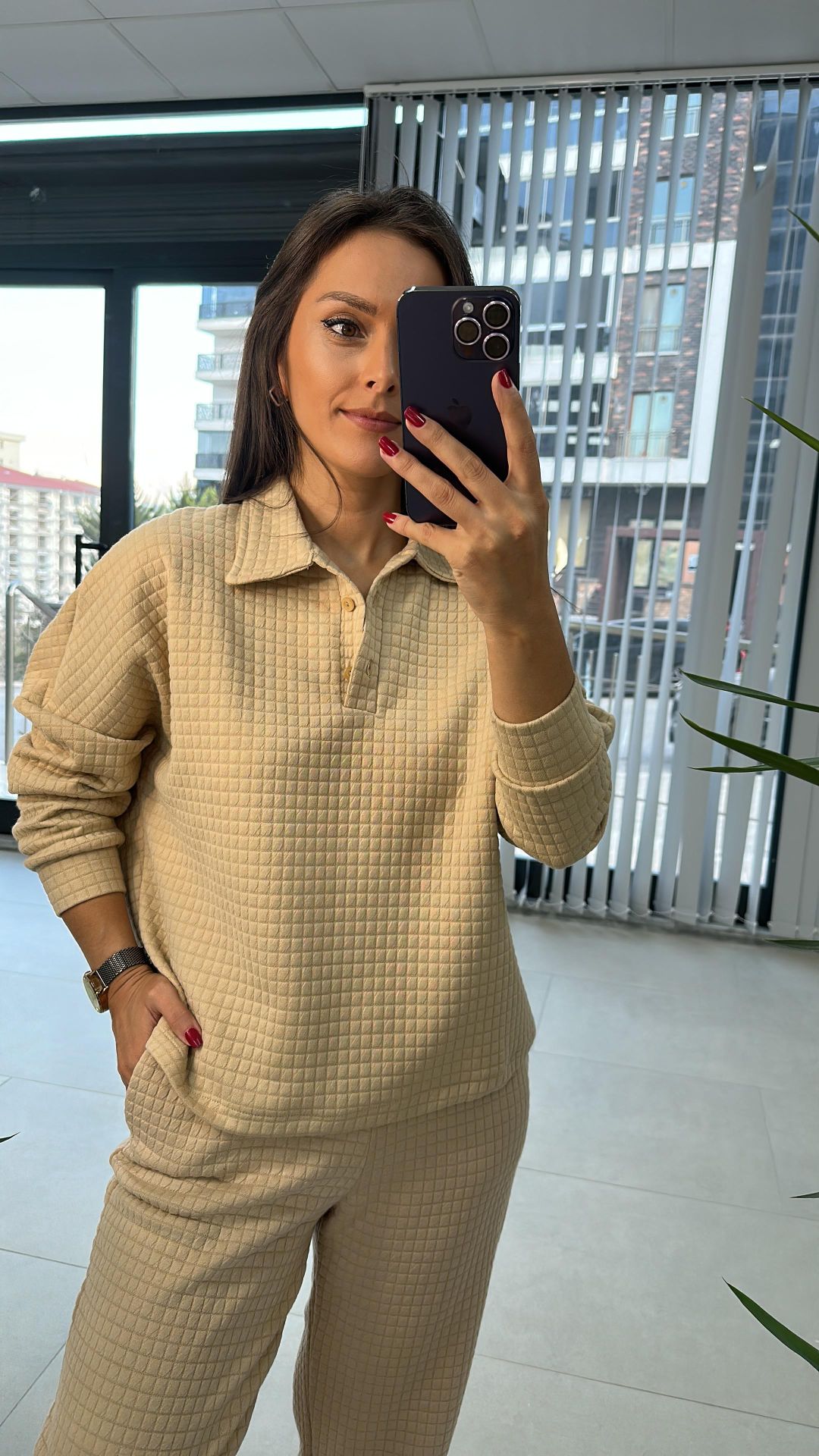 Honeycomb Textured Mink Suit with Collar