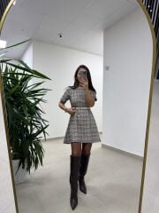 Bb 30368 Kahve Ekose Kemerli Elbise