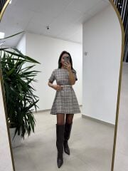 Bb 30368 Kahve Ekose Kemerli Elbise