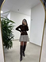 Bb 30368 Kahve Ekose Kemerli Elbise