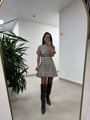Bb 30368 Kahve Ekose Kemerli Elbise