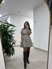 Bb 30368 Kahve Ekose Kemerli Elbise