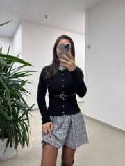 Bb 30368 Mavi Ekose Kemerli Elbise
