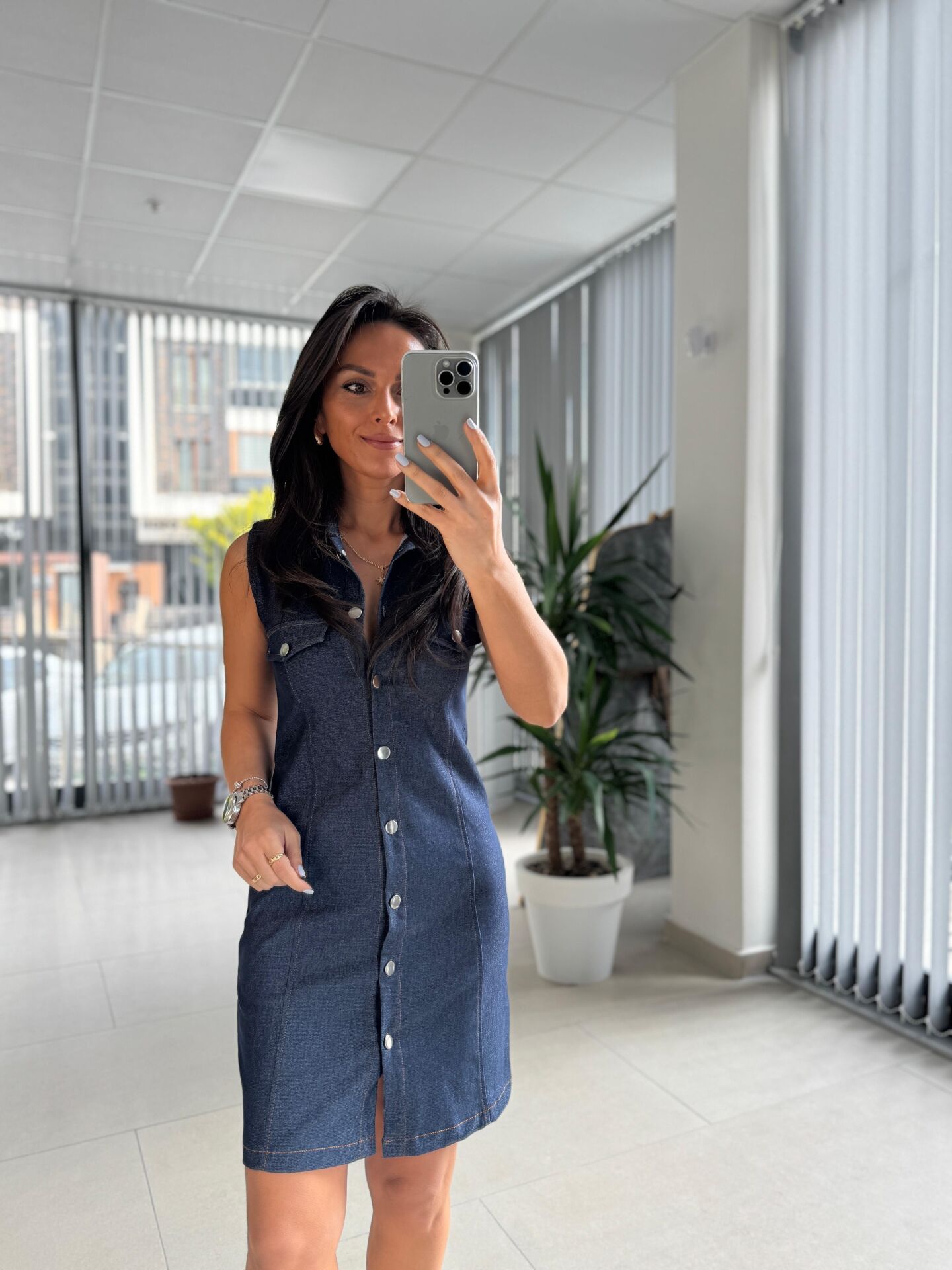 Bb 30062 Laci Gümüş Düğmeli Denim Elbise