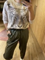 Haki deri görünümlü şalvar