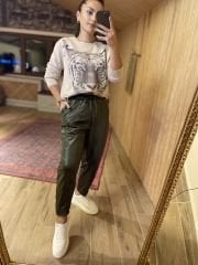 Haki deri görünümlü şalvar