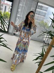 My 3043 Mavi Etnik Desen elbise