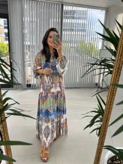 My 3043 Mavi Etnik Desen elbise