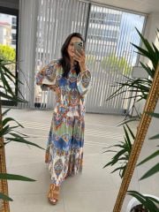 My 3043 Mavi Etnik Desen elbise