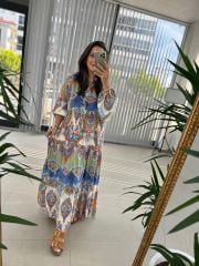 My 3043 Mavi Etnik Desen elbise