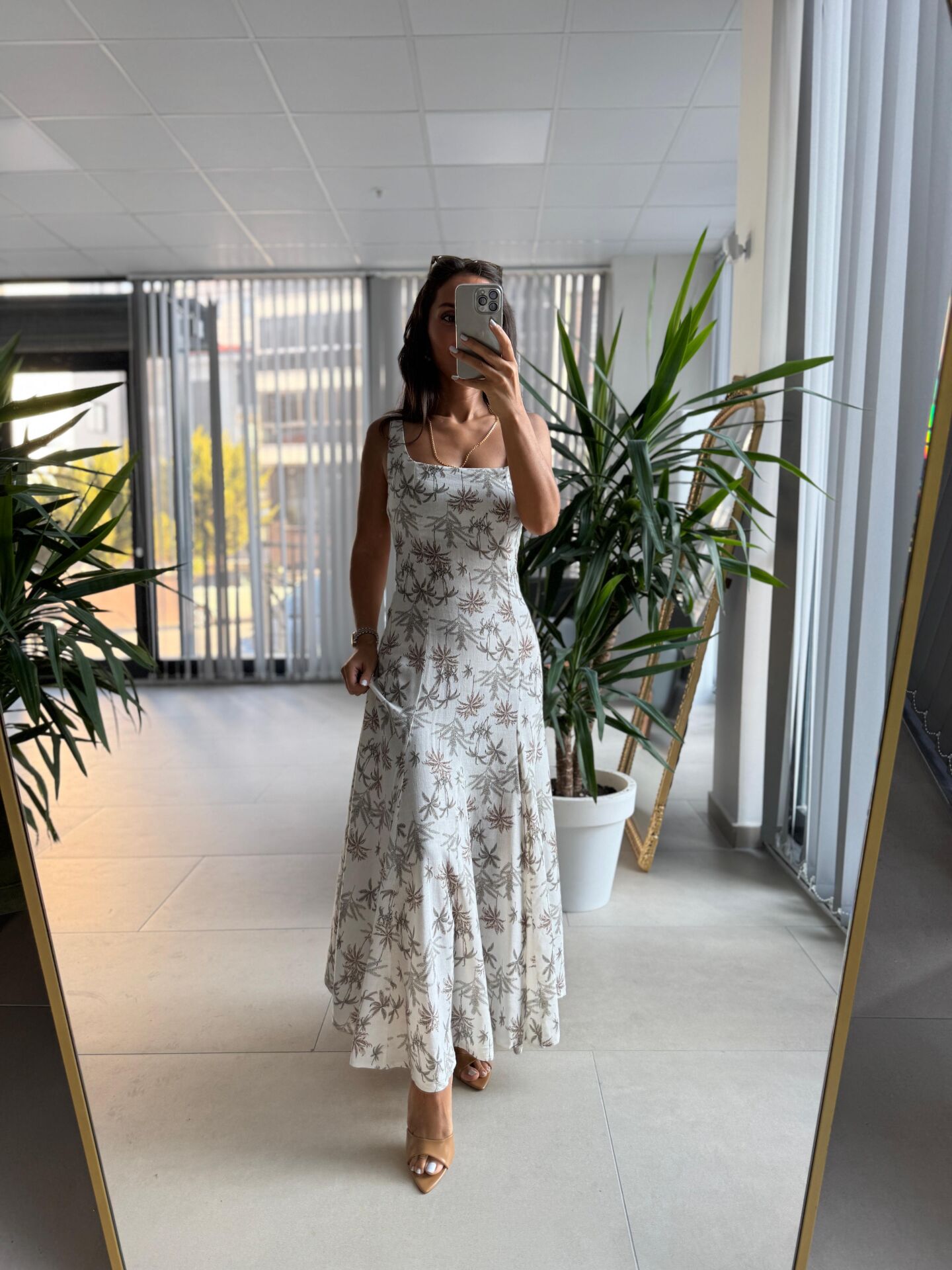 Np 6029 Palmiye Desenli Keten Elbise