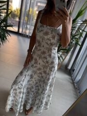 Np 6029 Palmiye Desenli Keten Elbise