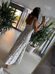 Np 6029 Palmiye Desenli Keten Elbise