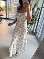 Np 6029 Palmiye Desenli Keten Elbise