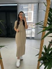 Ms Çima Dikişli Pamuk Keten Vizon Elbise