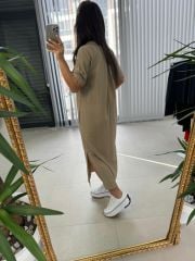 Ms Çima Dikişli Pamuk Keten Vizon Elbise