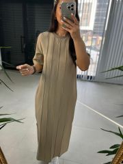 Ms Çima Dikişli Pamuk Keten Vizon Elbise