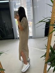 Ms Çima Dikişli Pamuk Keten Vizon Elbise