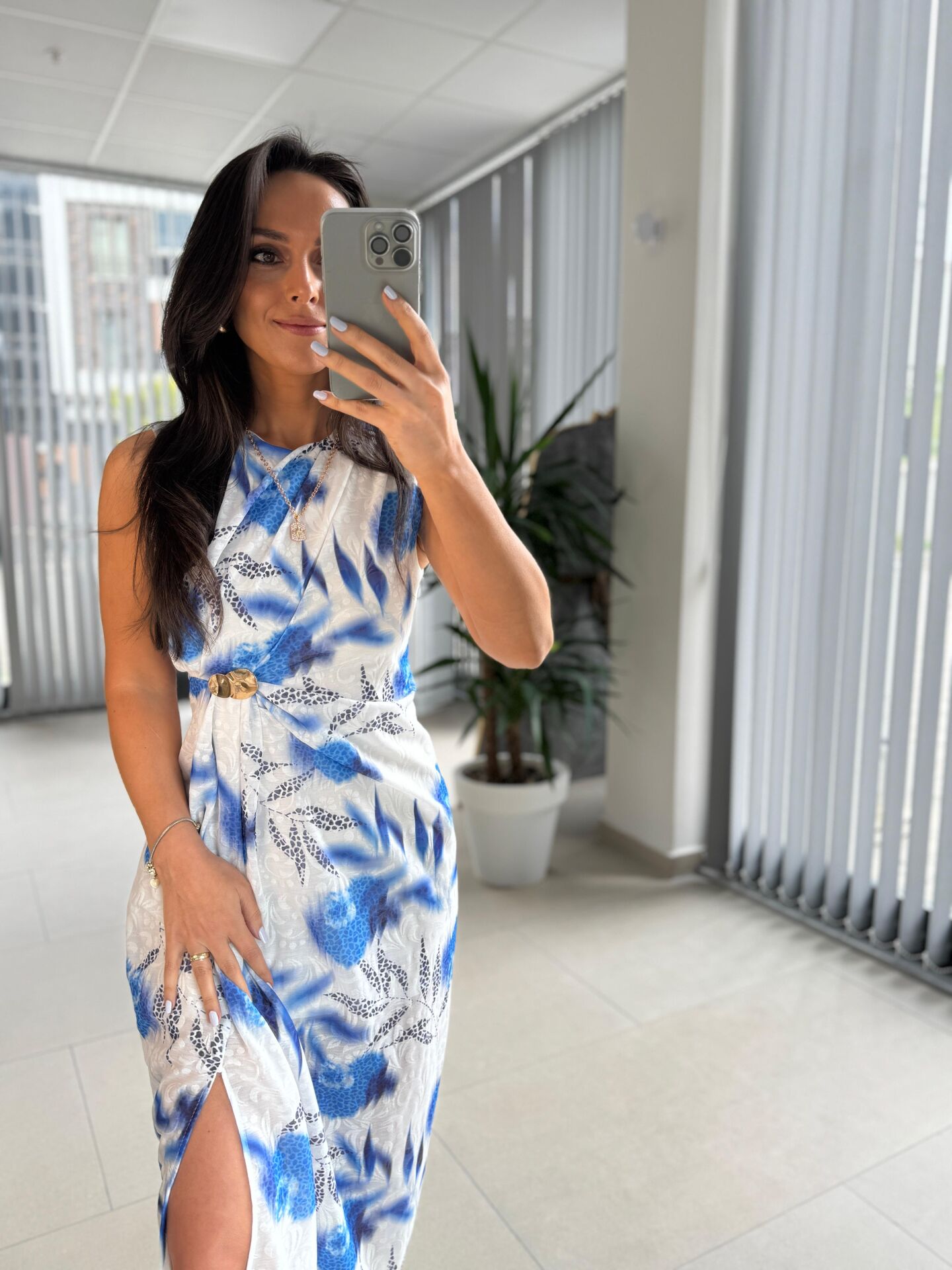 My 3736 Saks Broş Detaylı Jakarlı Elbise