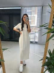 Ms Çima Dikişli Pamuk Keten Krem Elbise