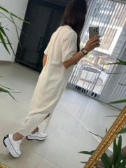 Ms Çima Dikişli Pamuk Keten Krem Elbise