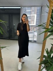 Ms Çima Dikişli Pamuk Keten Siyah Elbise