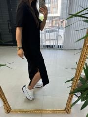 Ms Çima Dikişli Pamuk Keten Siyah Elbise