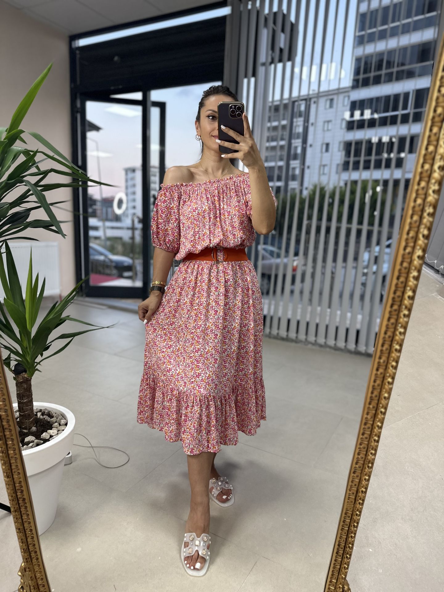 Madonna neckline moroccan midi dress