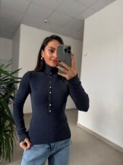 Dv 10686 Dik Yaka Çıt Çıtlı İndigo Triko
