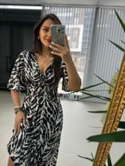 My 3407 Zebra Saten Siyah Elbise