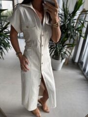 Sv Gold Düğme Detaylı Taş Denim Elbise