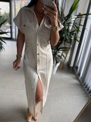 Sv Gold Düğme Detaylı Taş Denim Elbise