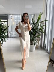 Sv Gold Düğme Detaylı Taş Denim Elbise