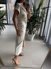 Sv Gold Düğme Detaylı Taş Denim Elbise