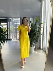 Sv Gold Düğme Detaylı Sarı Denim Elbise
