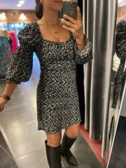 Siyah beyaz ön arka kare yaka elbise