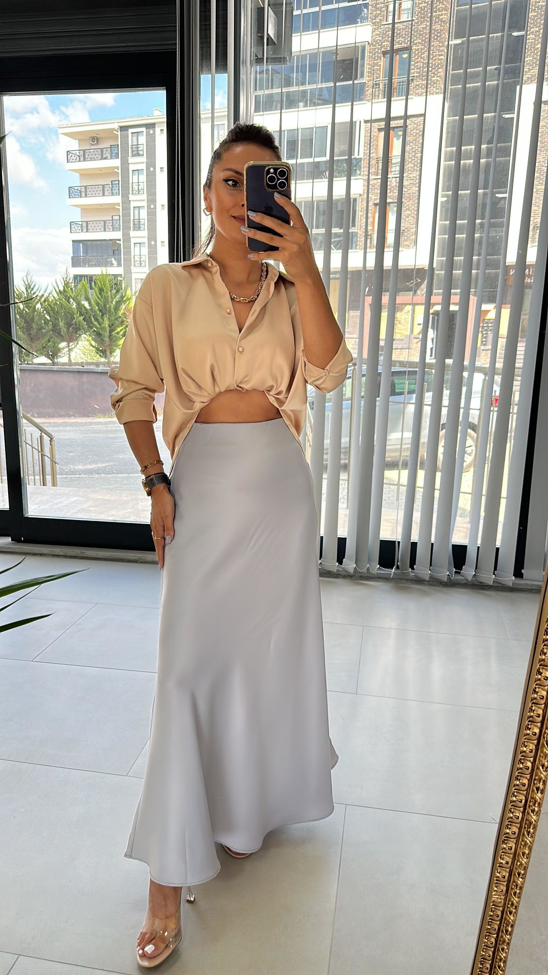 Maxi Length Gray Satin Skirt