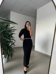 My 3828 Tek omuz Kendinden Kemerli Siyah Elbise