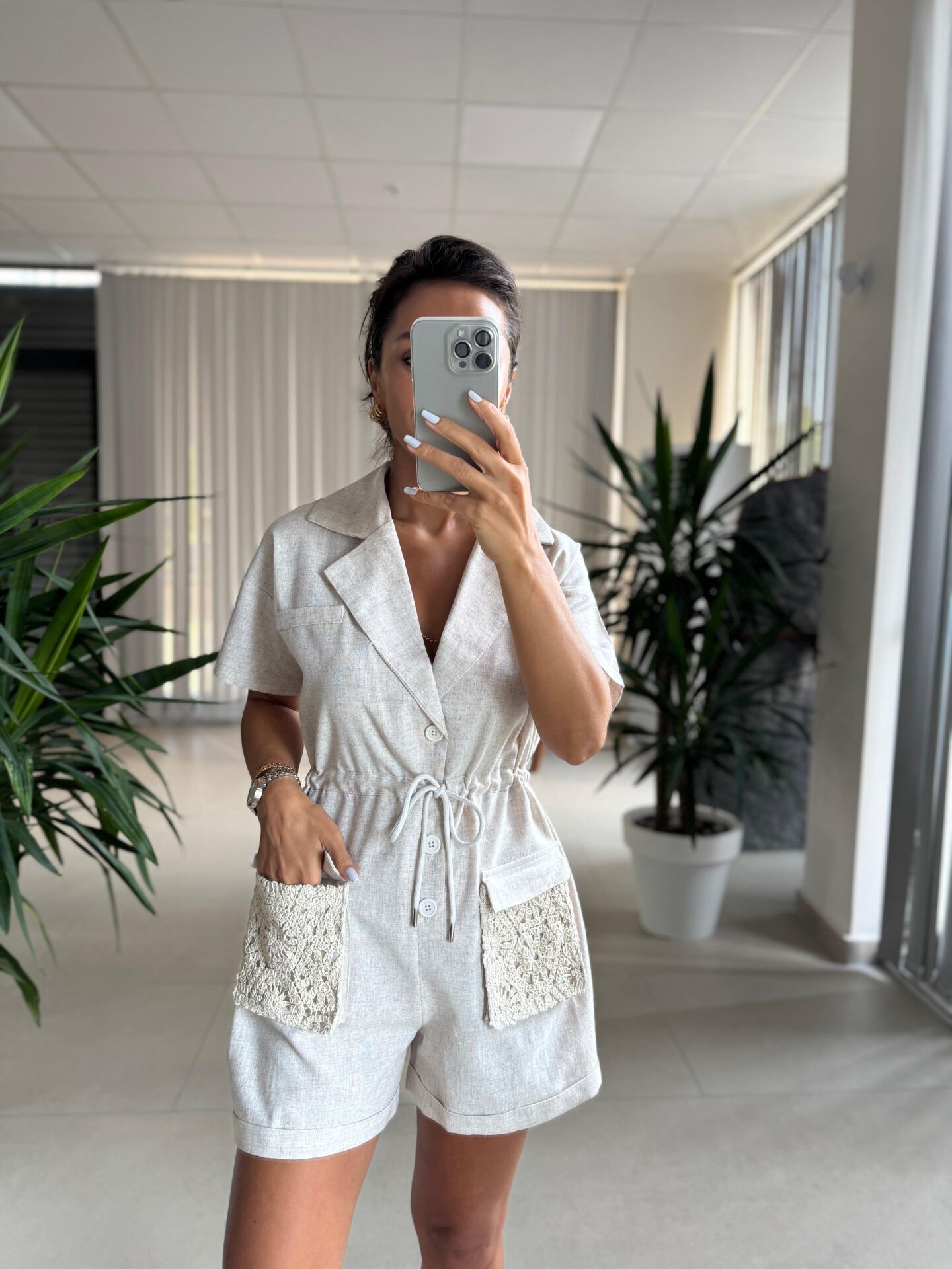 Np 7001 Keten Cep Dantel Detaylı Tulum