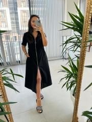 Ms Fermuar Detaylı Pamuk Keten Siyah Elbise