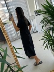 Ms Fermuar Detaylı Pamuk Keten Siyah Elbise