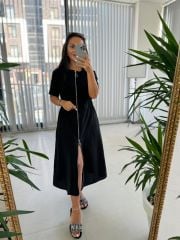 Ms Fermuar Detaylı Pamuk Keten Siyah Elbise