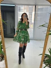 Ays Yeşil Zincir Detaylı Şifon Elbise